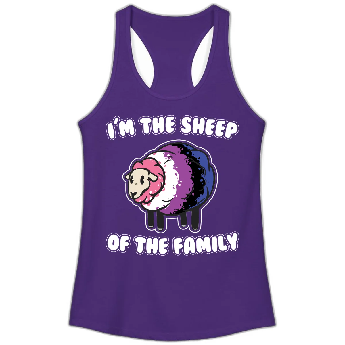 Colorful cartoon sheep with rainbow wool in pink, purple, blue, white and black, with text 'I'm the sheep of the family' celebrating pride and individuality in Solid Purple Rush
