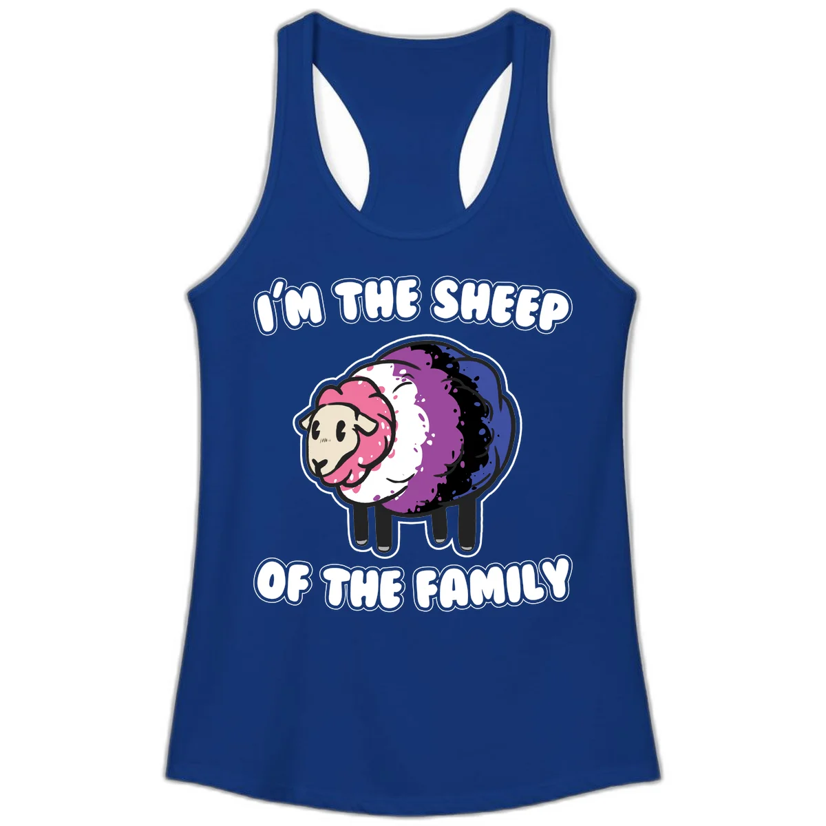 Colorful cartoon sheep with rainbow wool in pink, purple, blue, white and black, with text 'I'm the sheep of the family' celebrating pride and individuality in Solid Royal