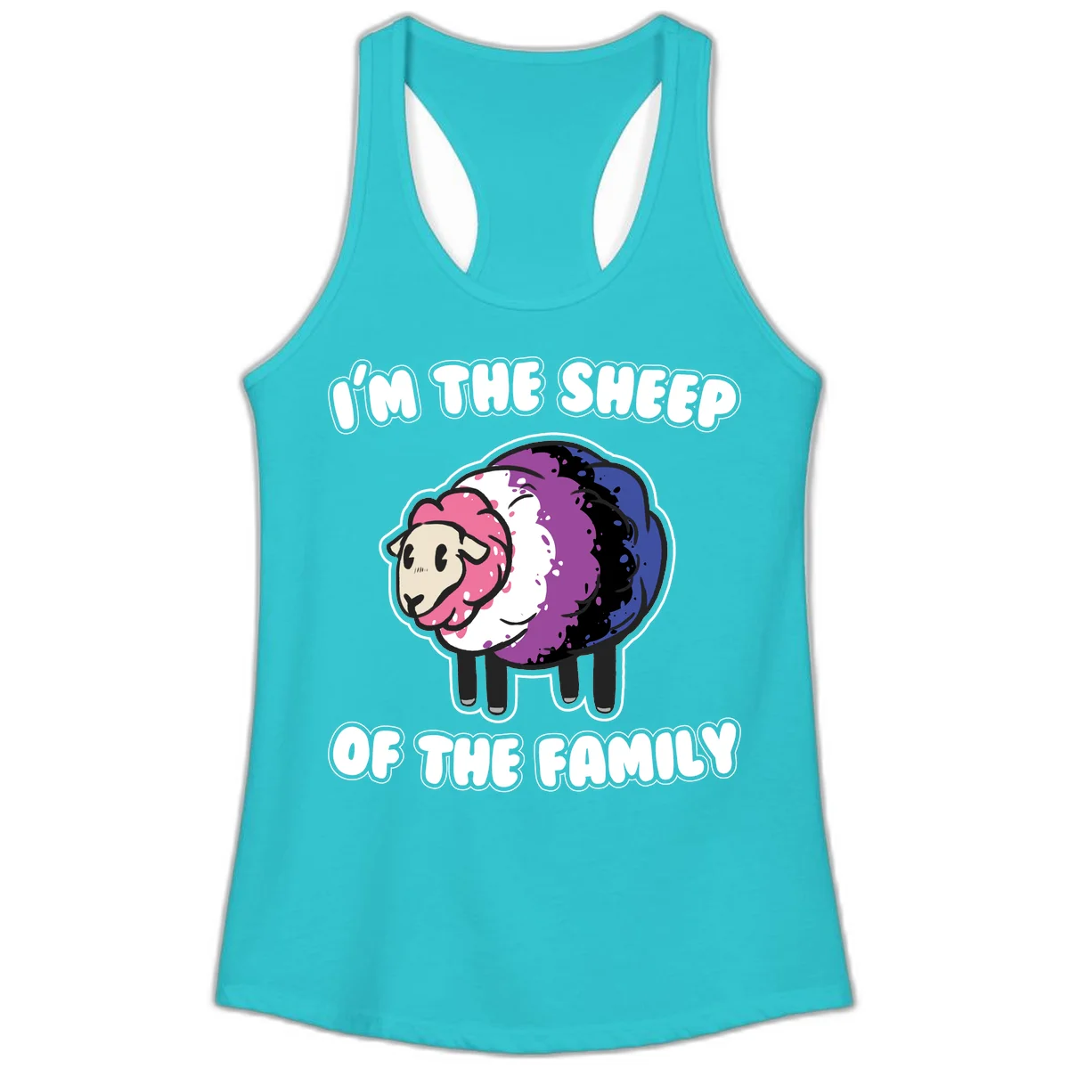 Colorful cartoon sheep with rainbow wool in pink, purple, blue, white and black, with text 'I'm the sheep of the family' celebrating pride and individuality in Solid Tahiti Blue