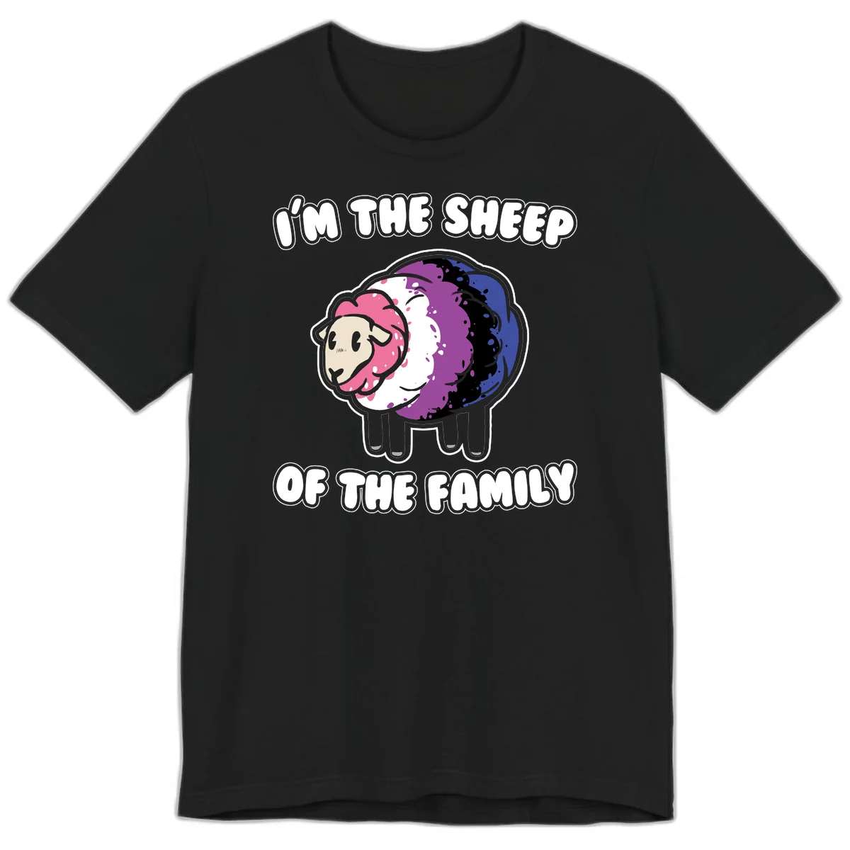 Colorful cartoon sheep with rainbow wool in pink, purple, blue, white and black, with text 'I'm the sheep of the family' celebrating pride and individuality in Black