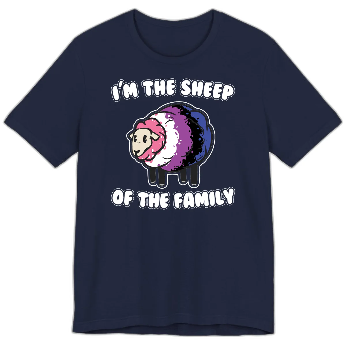 Colorful cartoon sheep with rainbow wool in pink, purple, blue, white and black, with text 'I'm the sheep of the family' celebrating pride and individuality in Navy