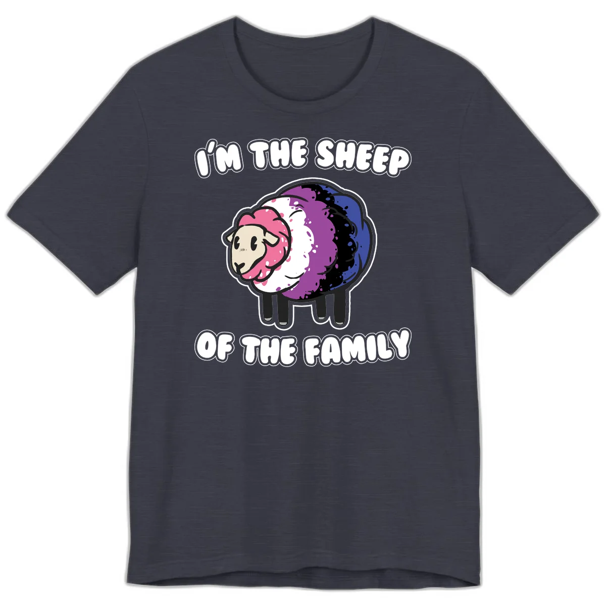 Colorful cartoon sheep with rainbow wool in pink, purple, blue, white and black, with text 'I'm the sheep of the family' celebrating pride and individuality in Heather Midnight Navy