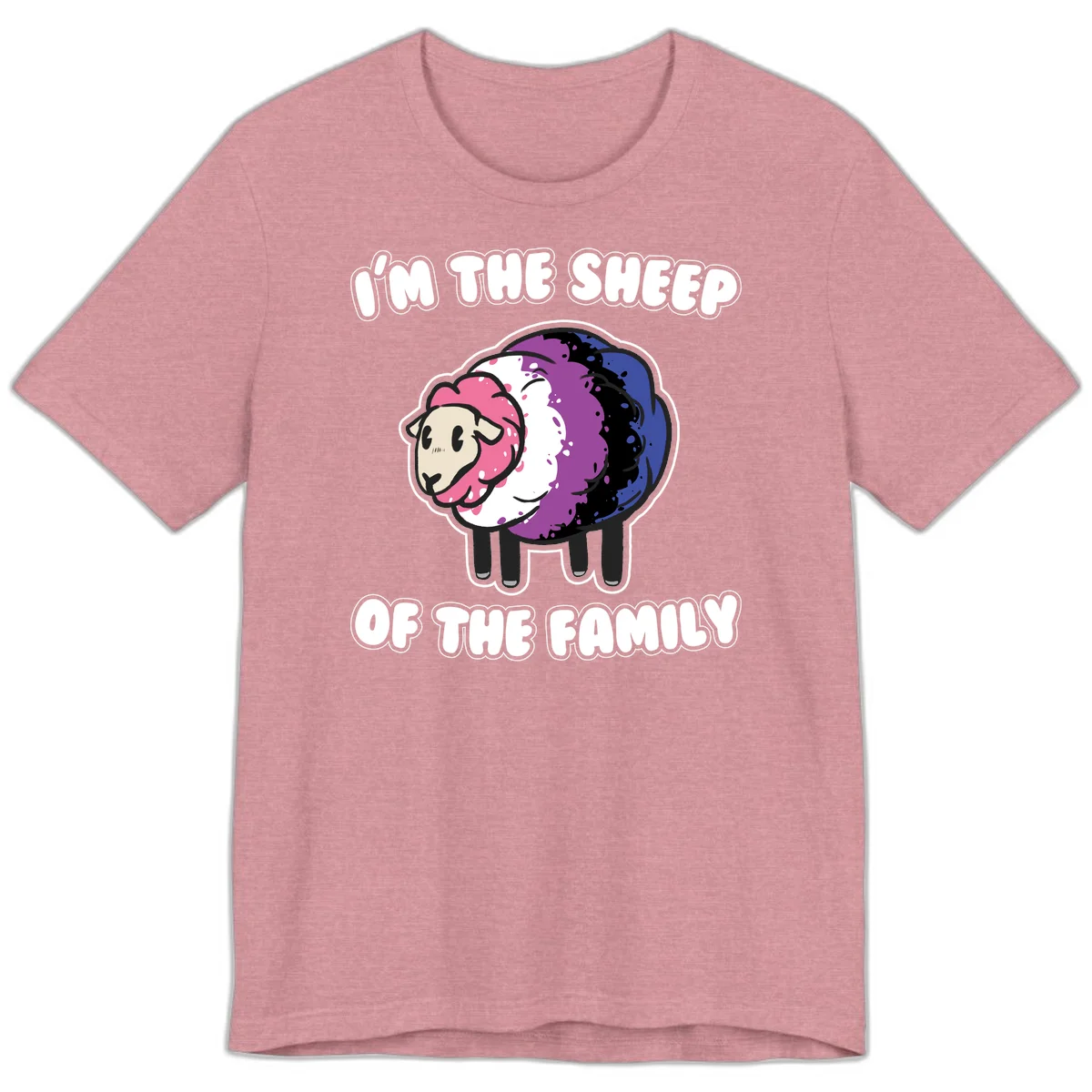 Colorful cartoon sheep with rainbow wool in pink, purple, blue, white and black, with text 'I'm the sheep of the family' celebrating pride and individuality in Heather Orchid