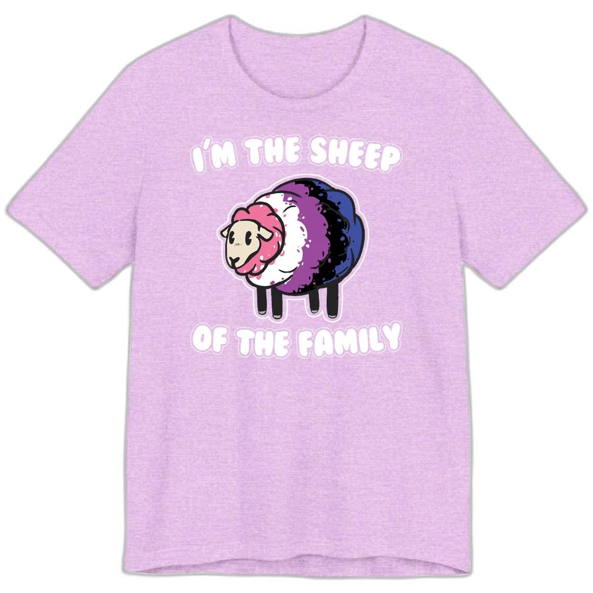 Colorful cartoon sheep with rainbow wool in pink, purple, blue, white and black, with text 'I'm the sheep of the family' celebrating pride and individuality in Heather Prism Lilac