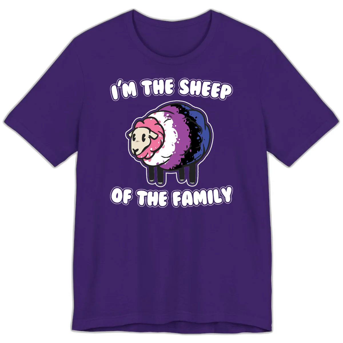 Colorful cartoon sheep with rainbow wool in pink, purple, blue, white and black, with text 'I'm the sheep of the family' celebrating pride and individuality in Team Purple