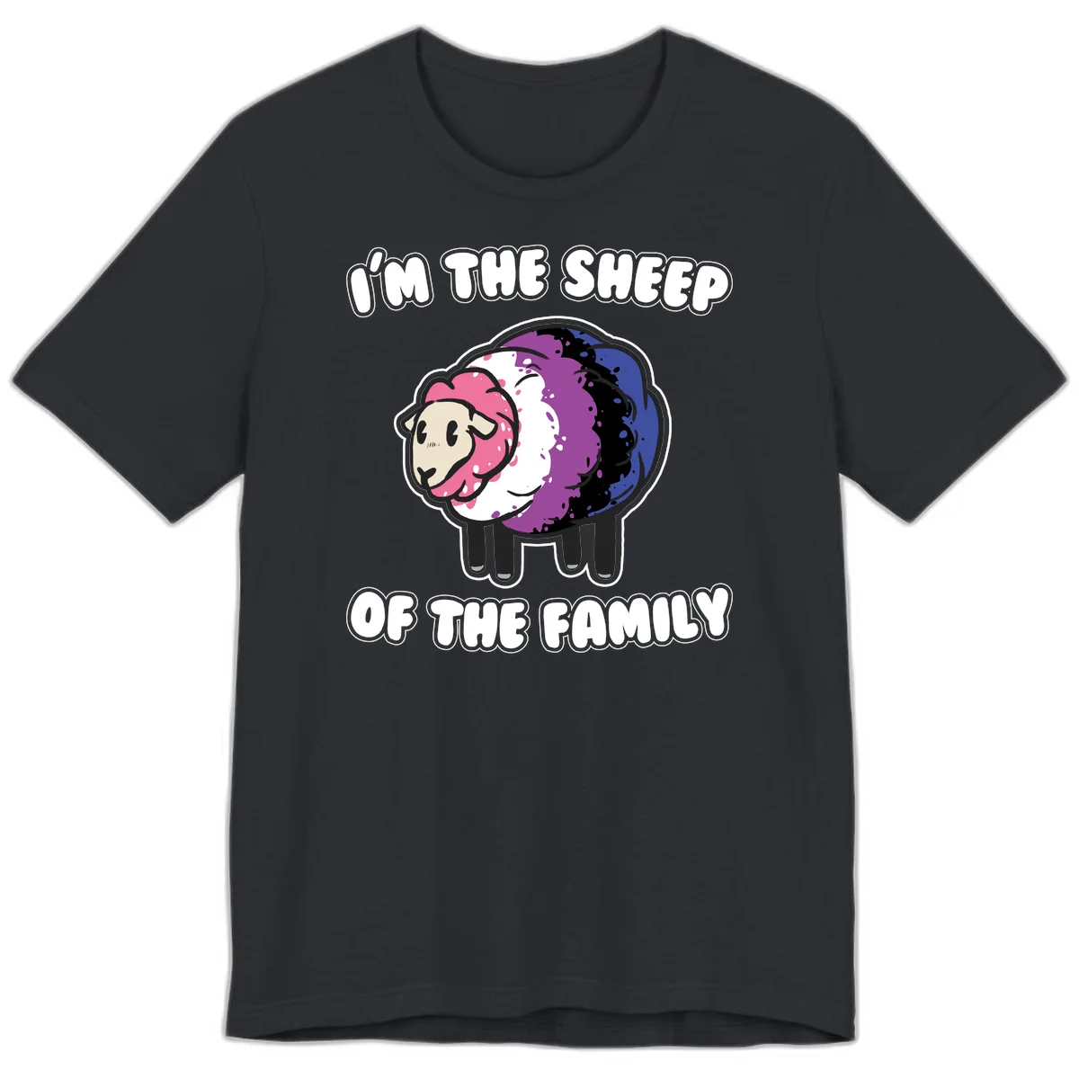 Colorful cartoon sheep with rainbow wool in pink, purple, blue, white and black, with text 'I'm the sheep of the family' celebrating pride and individuality in Vintage Black