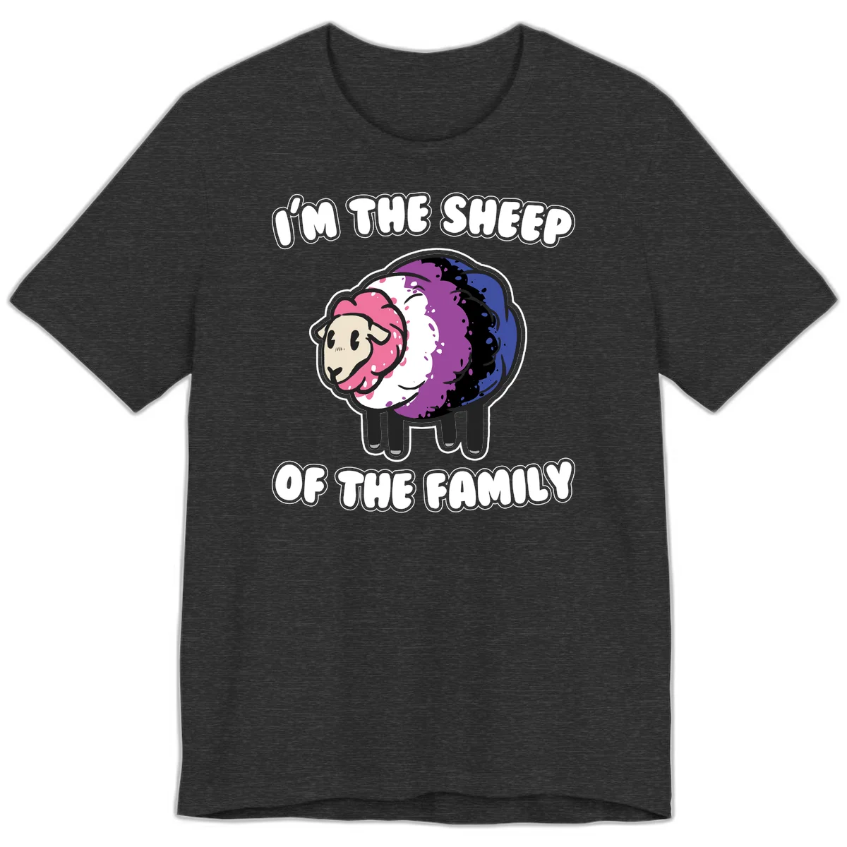 Colorful cartoon sheep with rainbow wool in pink, purple, blue, white and black, with text 'I'm the sheep of the family' celebrating pride and individuality in Dark Grey Heather