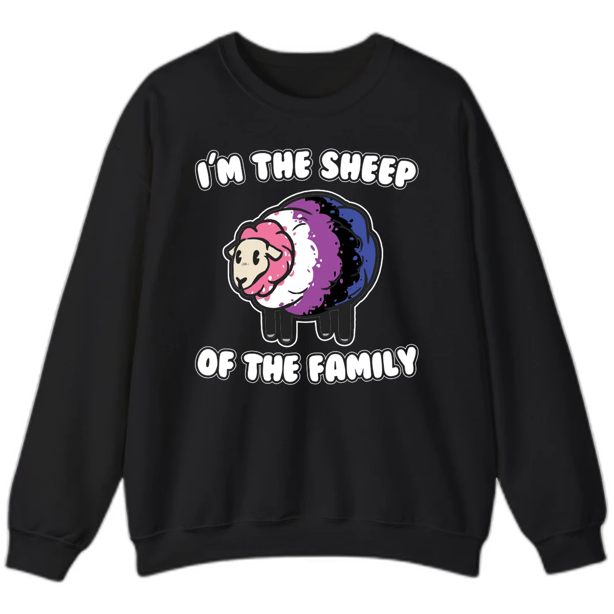 Colorful cartoon sheep with rainbow wool in pink, purple, blue, white and black, with text 'I'm the sheep of the family' celebrating pride and individuality in Black