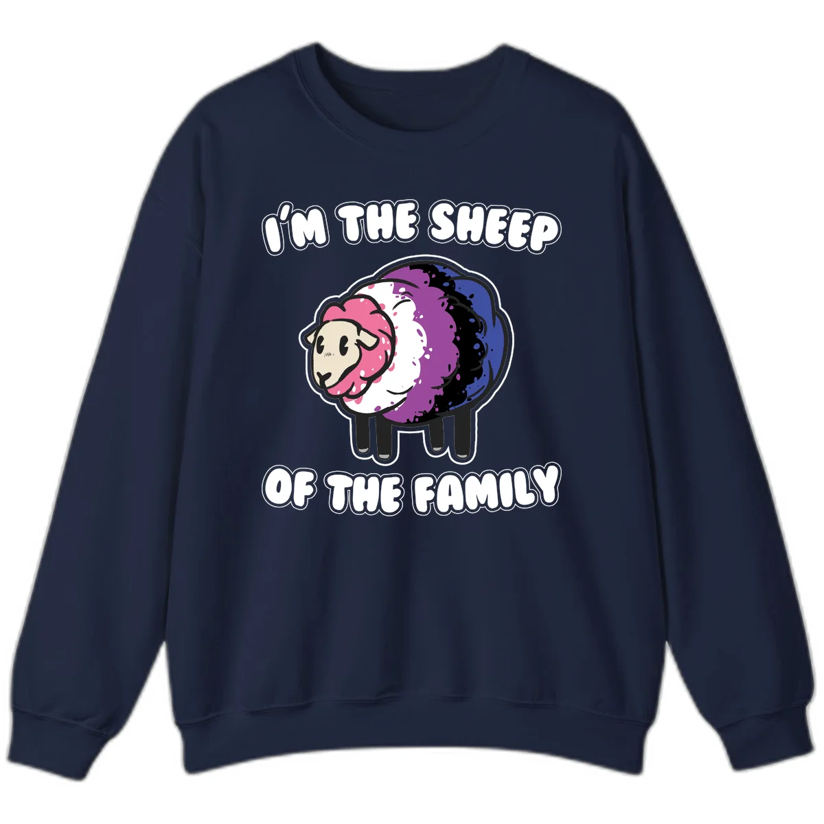 Colorful cartoon sheep with rainbow wool in pink, purple, blue, white and black, with text 'I'm the sheep of the family' celebrating pride and individuality in Navy
