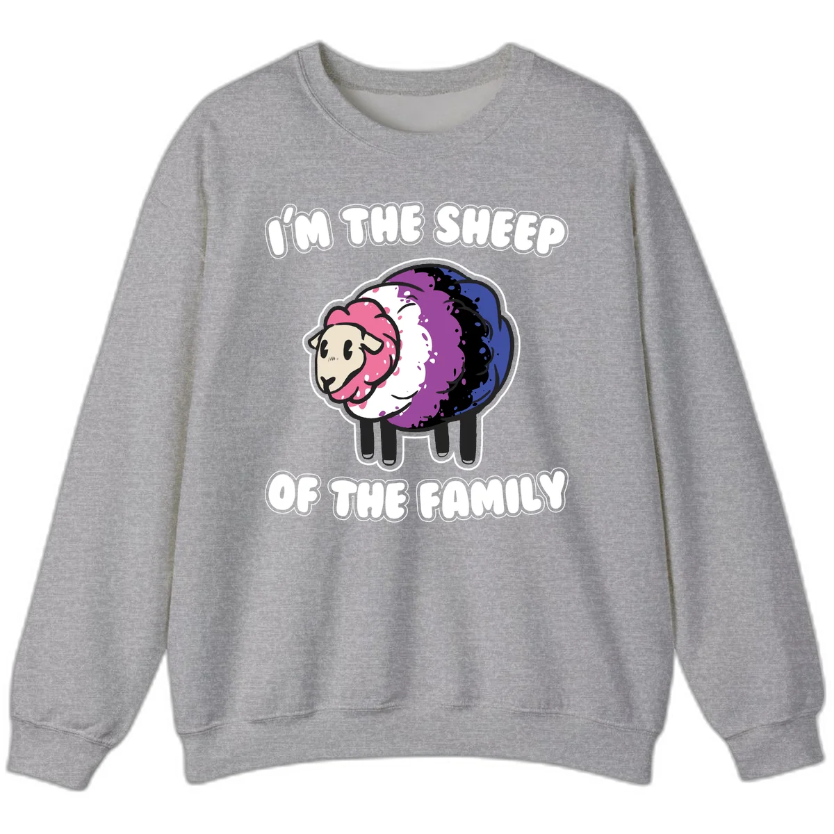 Colorful cartoon sheep with rainbow wool in pink, purple, blue, white and black, with text 'I'm the sheep of the family' celebrating pride and individuality in Sport Grey
