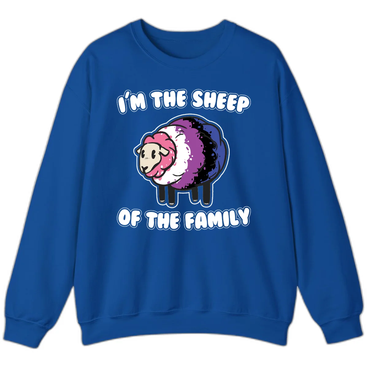 Colorful cartoon sheep with rainbow wool in pink, purple, blue, white and black, with text 'I'm the sheep of the family' celebrating pride and individuality in Royal
