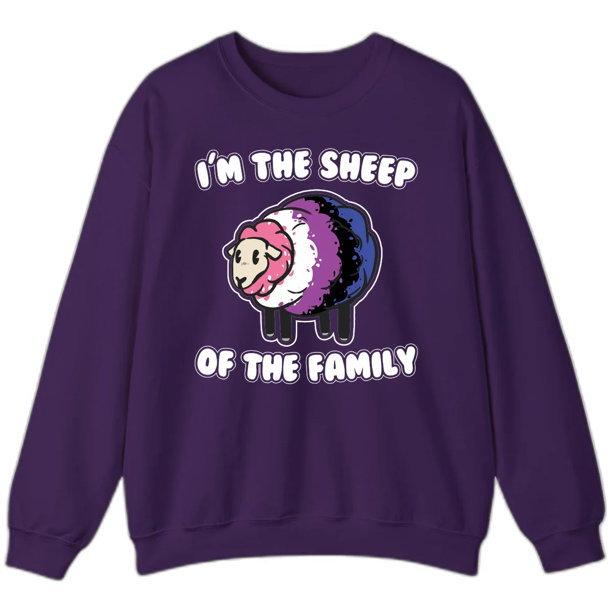 Colorful cartoon sheep with rainbow wool in pink, purple, blue, white and black, with text 'I'm the sheep of the family' celebrating pride and individuality in Purple