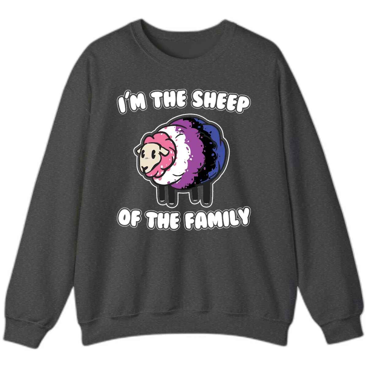 Colorful cartoon sheep with rainbow wool in pink, purple, blue, white and black, with text 'I'm the sheep of the family' celebrating pride and individuality in Dark Heather