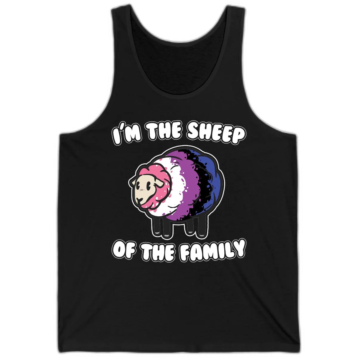 Colorful cartoon sheep with rainbow wool in pink, purple, blue, white and black, with text 'I'm the sheep of the family' celebrating pride and individuality in Black