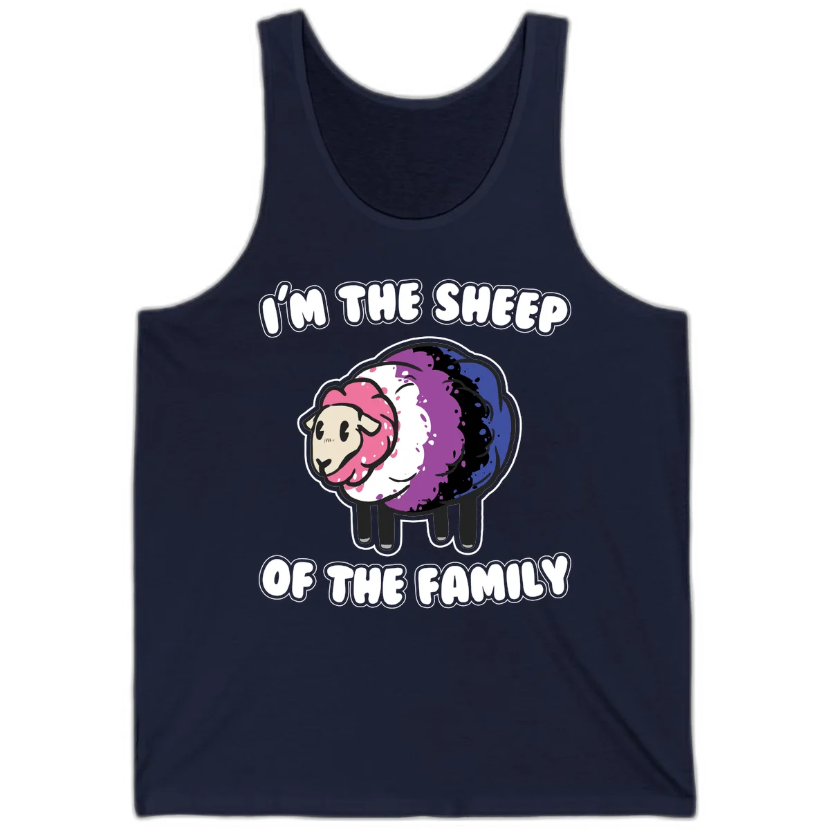 Colorful cartoon sheep with rainbow wool in pink, purple, blue, white and black, with text 'I'm the sheep of the family' celebrating pride and individuality in Navy