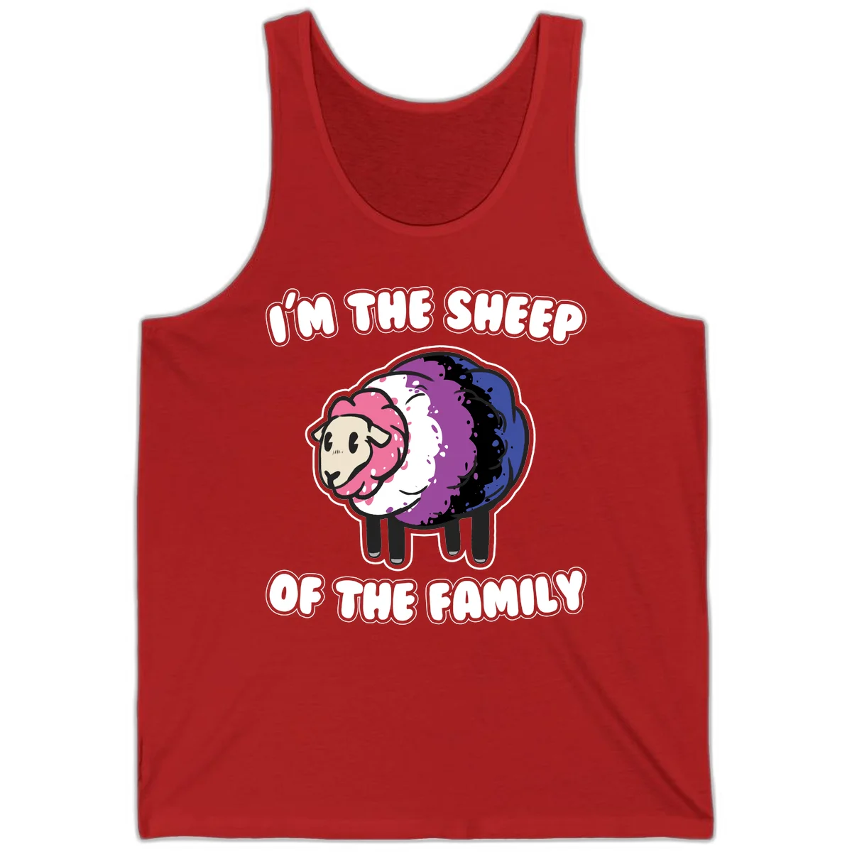 Colorful cartoon sheep with rainbow wool in pink, purple, blue, white and black, with text 'I'm the sheep of the family' celebrating pride and individuality in Red
