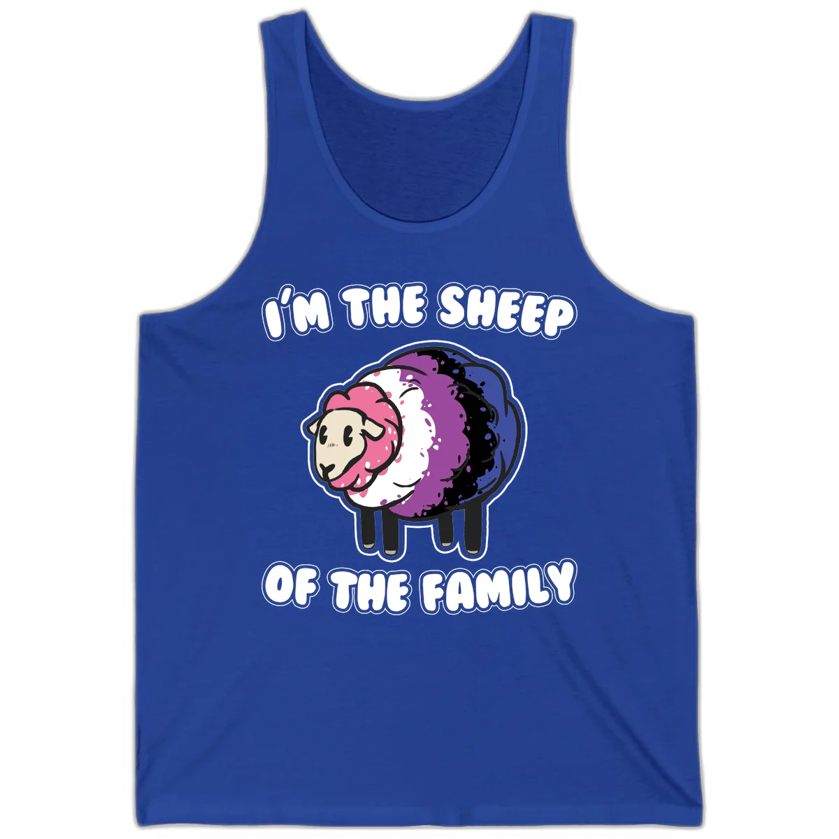 Colorful cartoon sheep with rainbow wool in pink, purple, blue, white and black, with text 'I'm the sheep of the family' celebrating pride and individuality in True Royal
