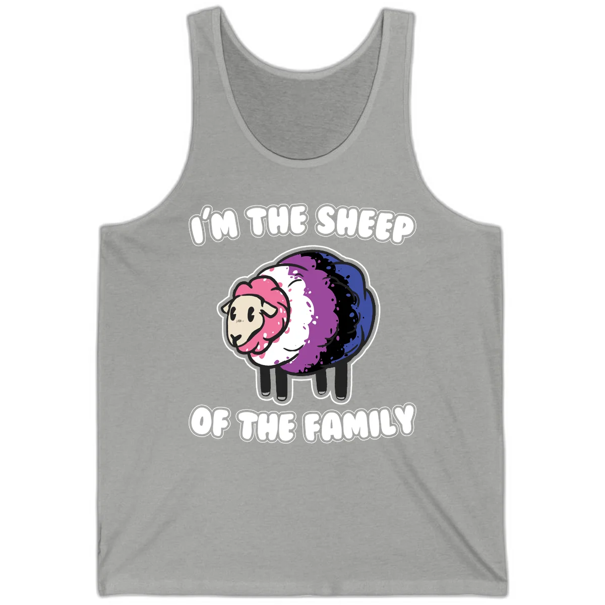 Colorful cartoon sheep with rainbow wool in pink, purple, blue, white and black, with text 'I'm the sheep of the family' celebrating pride and individuality in Athletic Heather