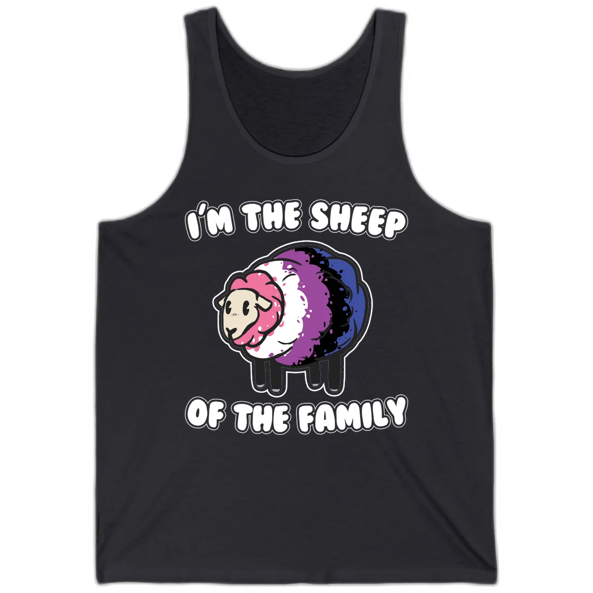Colorful cartoon sheep with rainbow wool in pink, purple, blue, white and black, with text 'I'm the sheep of the family' celebrating pride and individuality in Dark Grey