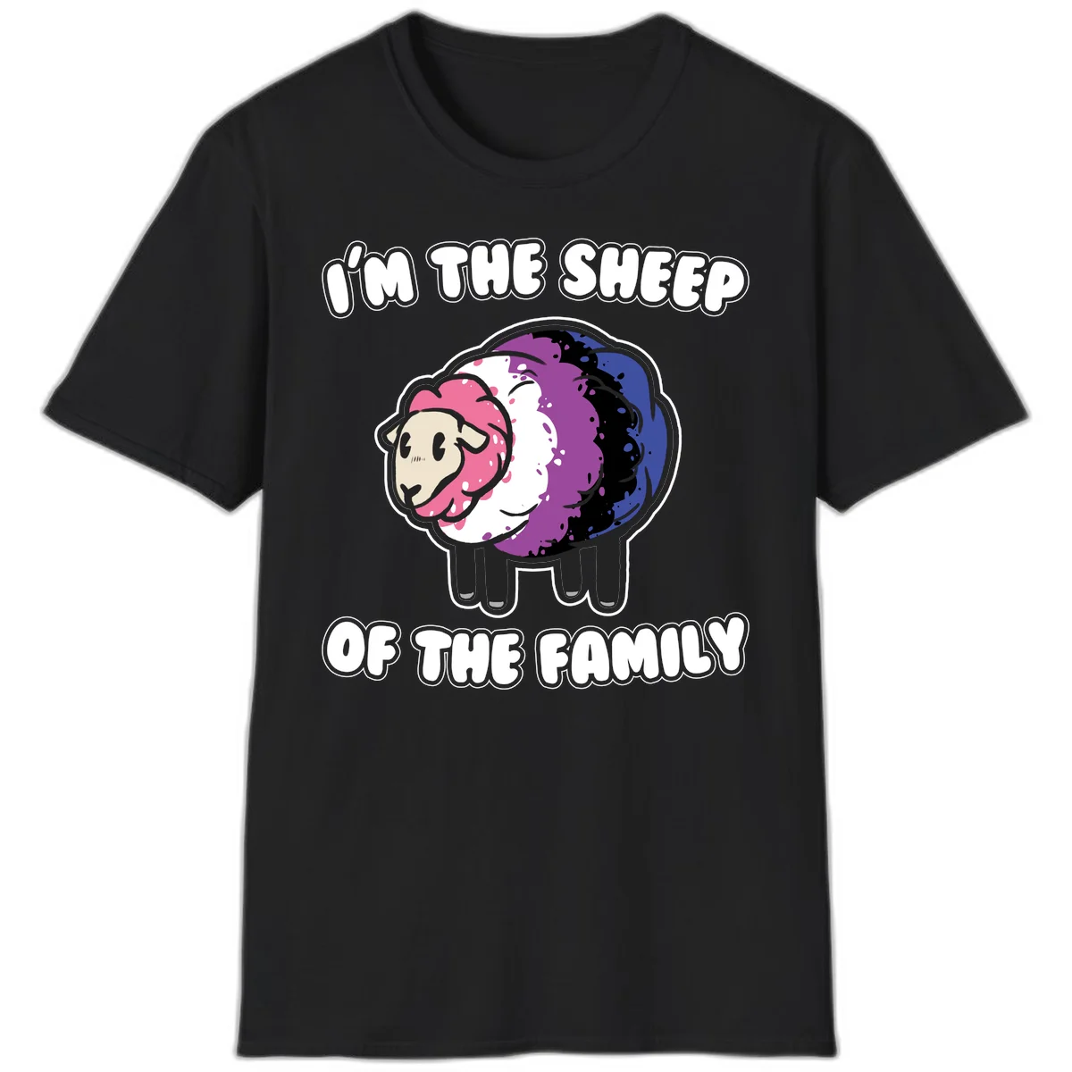 Colorful cartoon sheep with rainbow wool in pink, purple, blue, white and black, with text 'I'm the sheep of the family' celebrating pride and individuality in Black