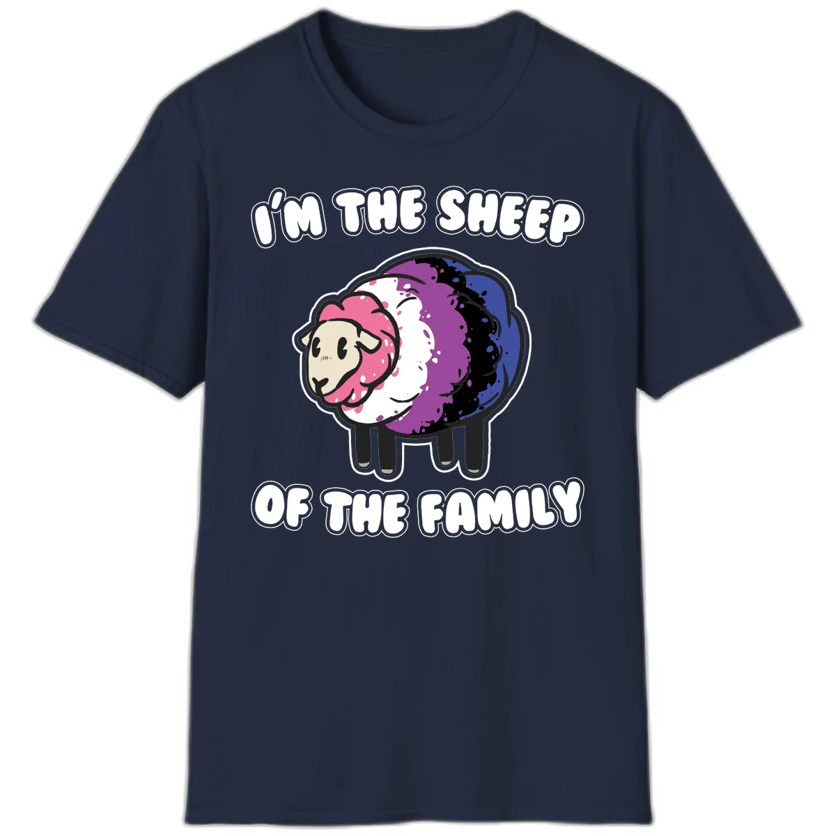 Colorful cartoon sheep with rainbow wool in pink, purple, blue, white and black, with text 'I'm the sheep of the family' celebrating pride and individuality in Navy