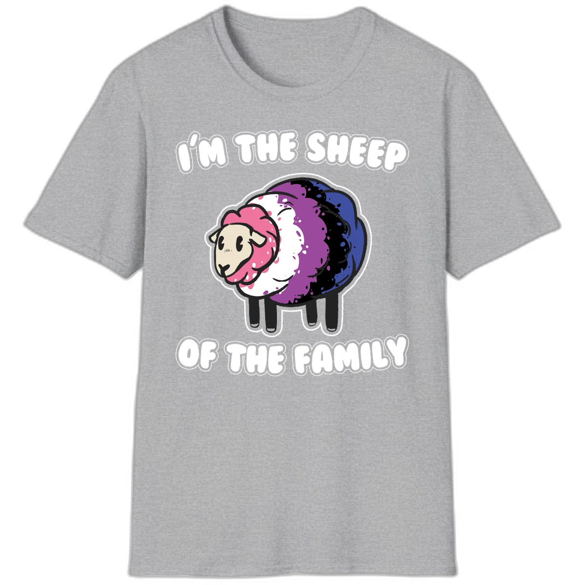 Colorful cartoon sheep with rainbow wool in pink, purple, blue, white and black, with text 'I'm the sheep of the family' celebrating pride and individuality in Sport Grey