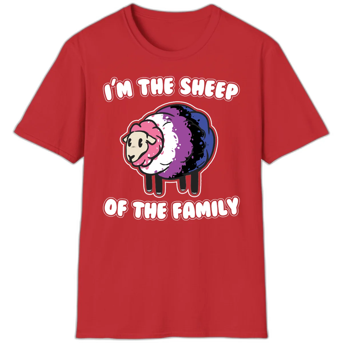 Colorful cartoon sheep with rainbow wool in pink, purple, blue, white and black, with text 'I'm the sheep of the family' celebrating pride and individuality in Red