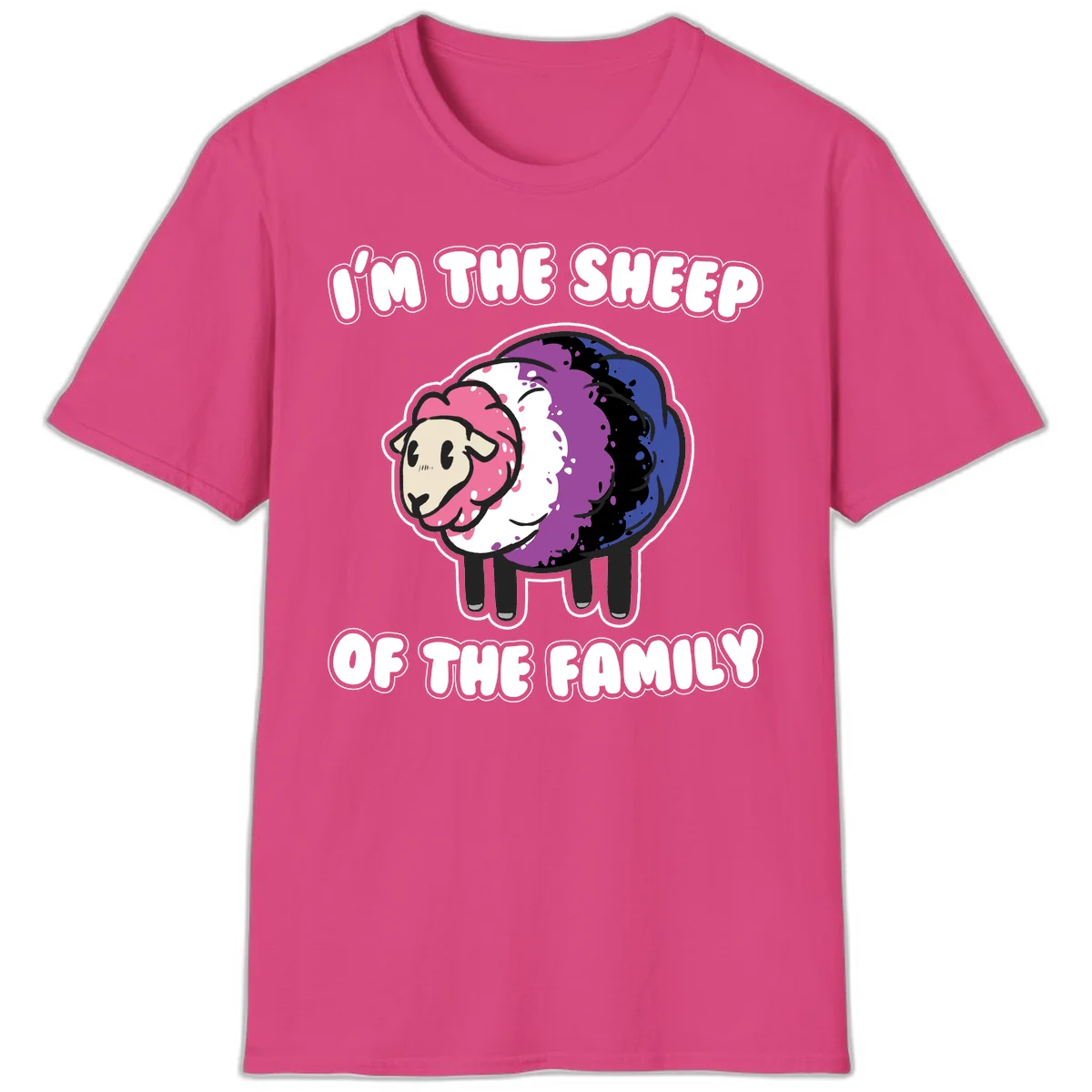 Colorful cartoon sheep with rainbow wool in pink, purple, blue, white and black, with text 'I'm the sheep of the family' celebrating pride and individuality in Heliconia