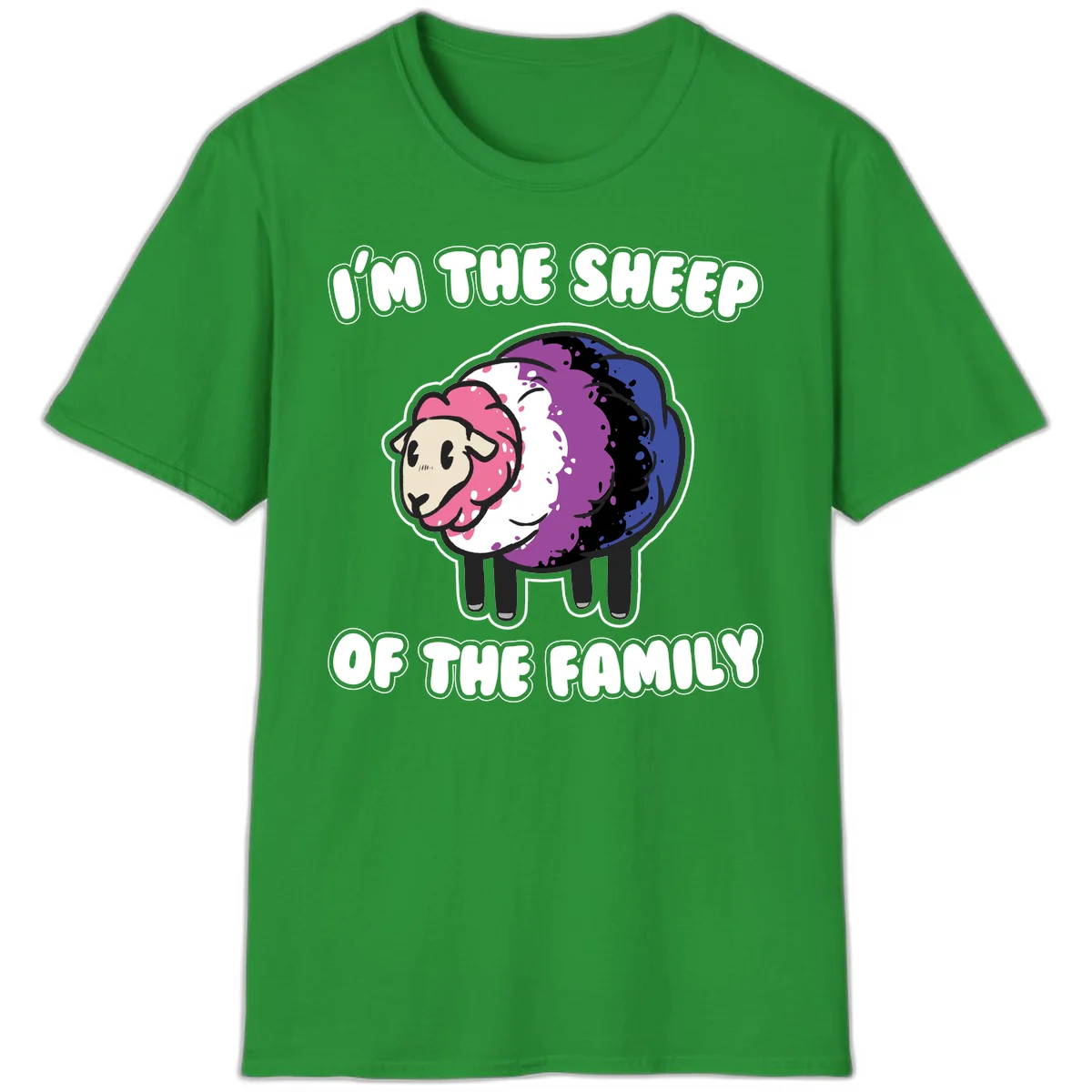 Colorful cartoon sheep with rainbow wool in pink, purple, blue, white and black, with text 'I'm the sheep of the family' celebrating pride and individuality in Irish Green