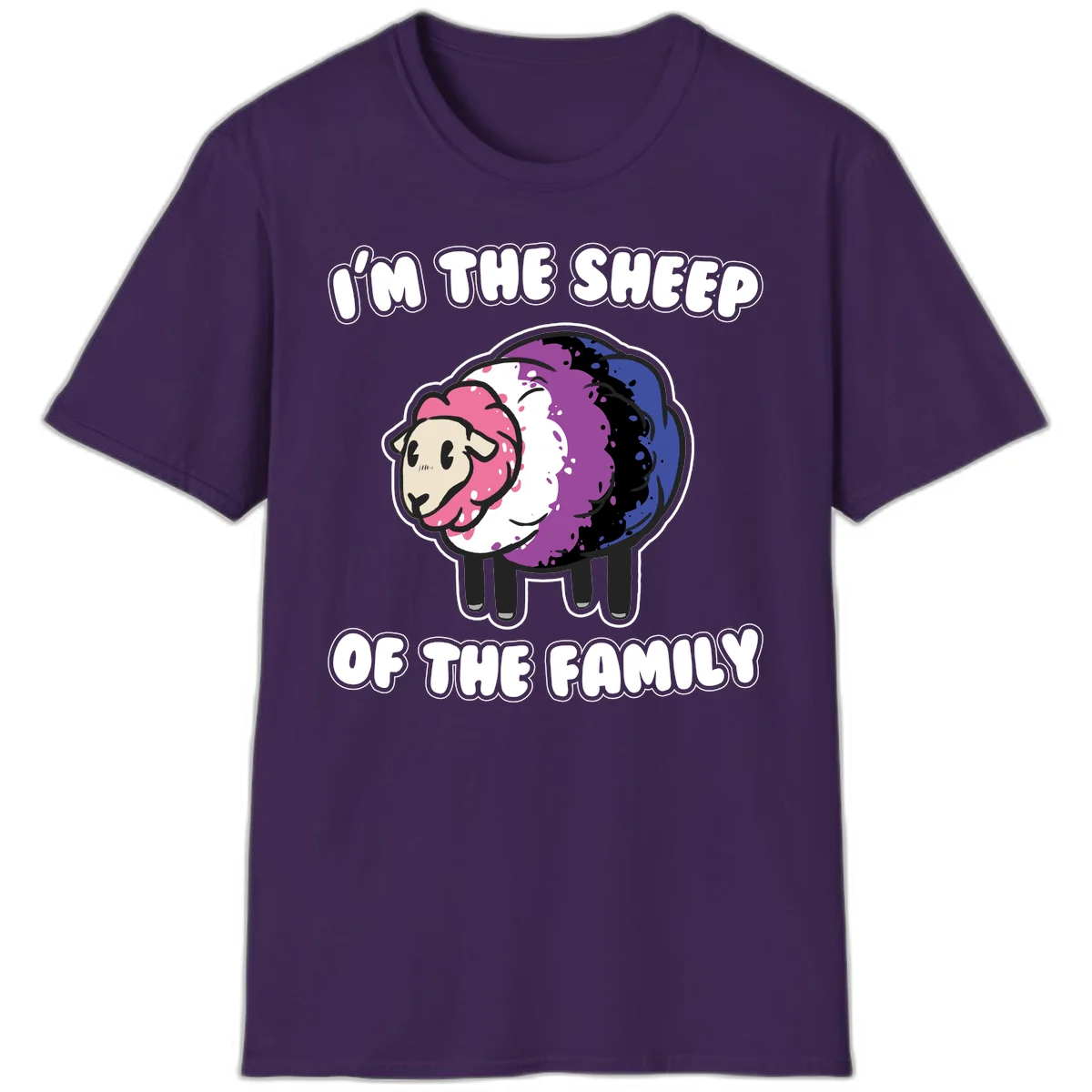 Colorful cartoon sheep with rainbow wool in pink, purple, blue, white and black, with text 'I'm the sheep of the family' celebrating pride and individuality in Purple