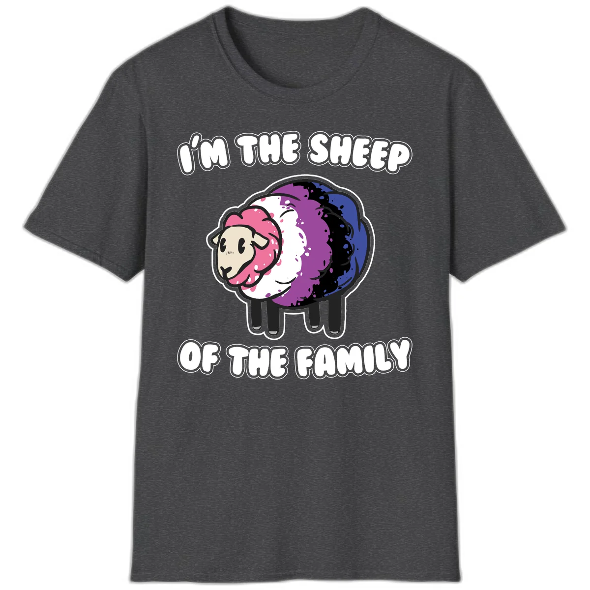 Colorful cartoon sheep with rainbow wool in pink, purple, blue, white and black, with text 'I'm the sheep of the family' celebrating pride and individuality in Dark Heather
