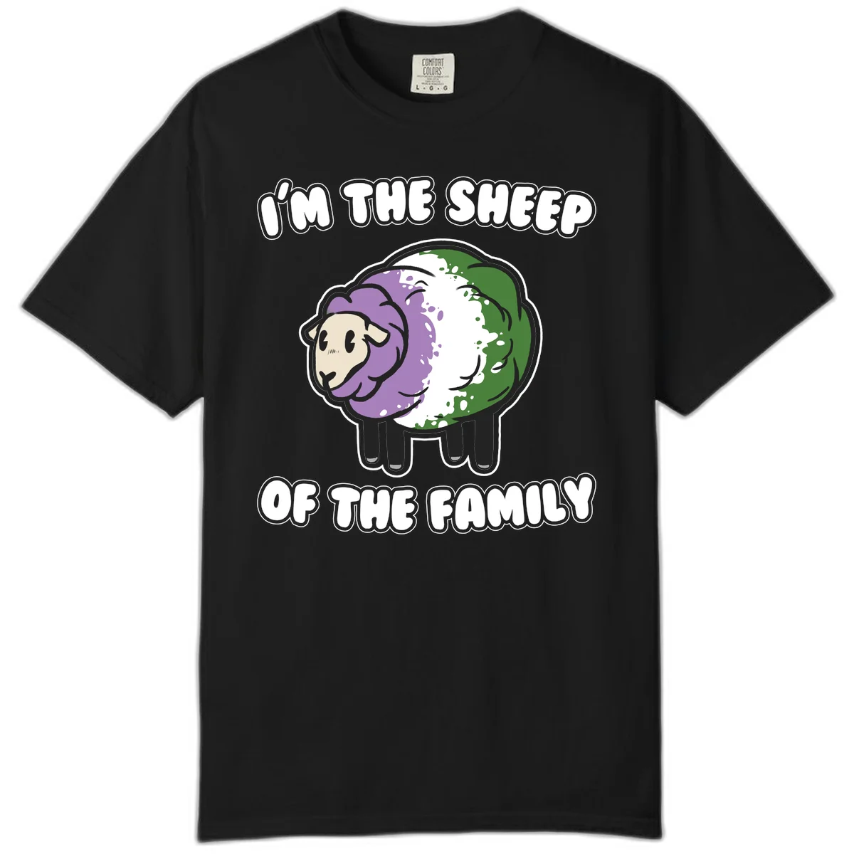 Cartoon sheep with purple, white, and green wool displaying 'I'm The Sheep Of The Family' text design in Black