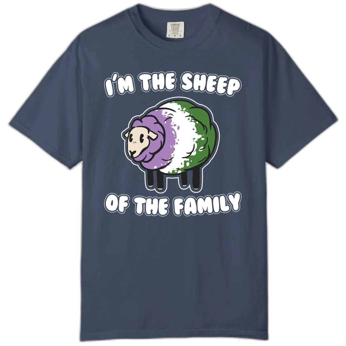 Cartoon sheep with purple, white, and green wool displaying 'I'm The Sheep Of The Family' text design in Midnight