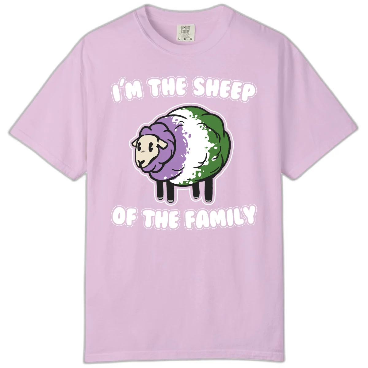 Cartoon sheep with purple, white, and green wool displaying 'I'm The Sheep Of The Family' text design in Orchid