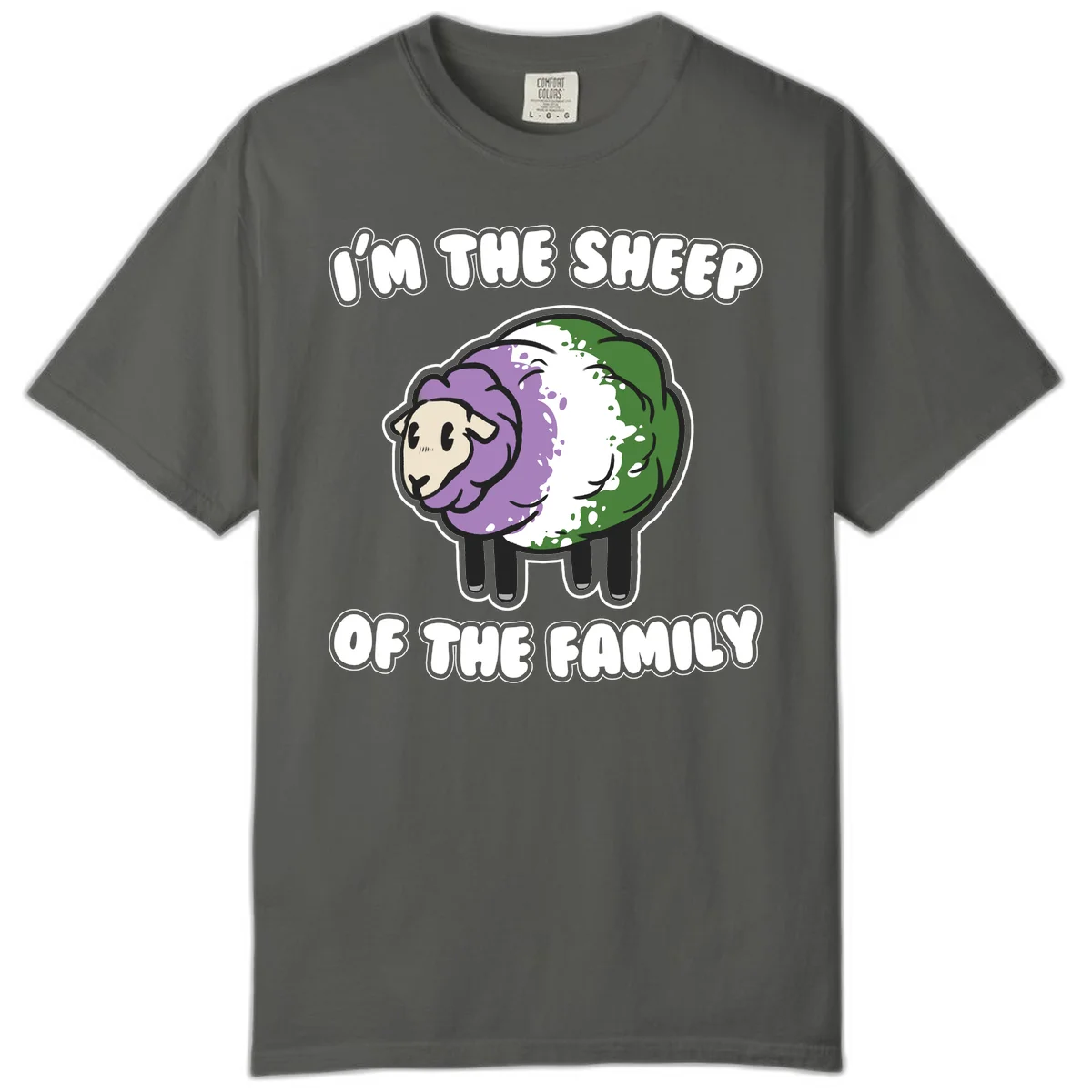 Cartoon sheep with purple, white, and green wool displaying 'I'm The Sheep Of The Family' text design in Pepper