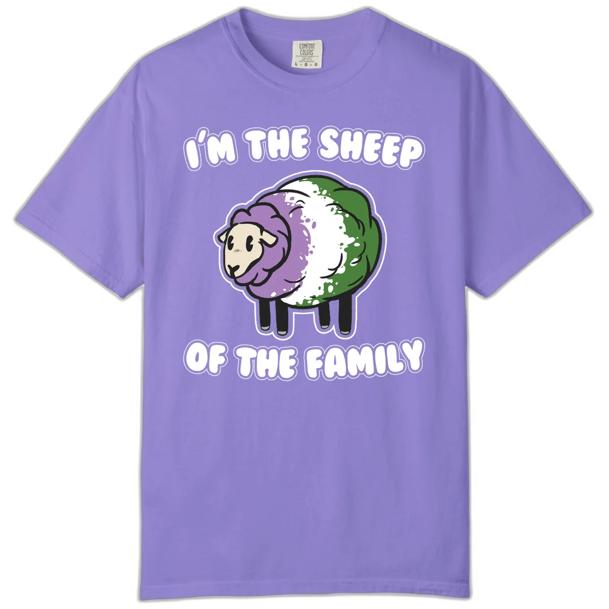 Cartoon sheep with purple, white, and green wool displaying 'I'm The Sheep Of The Family' text design in Violet