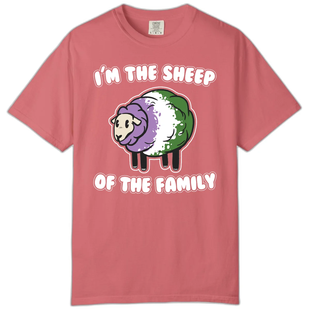 Cartoon sheep with purple, white, and green wool displaying 'I'm The Sheep Of The Family' text design in Watermelon