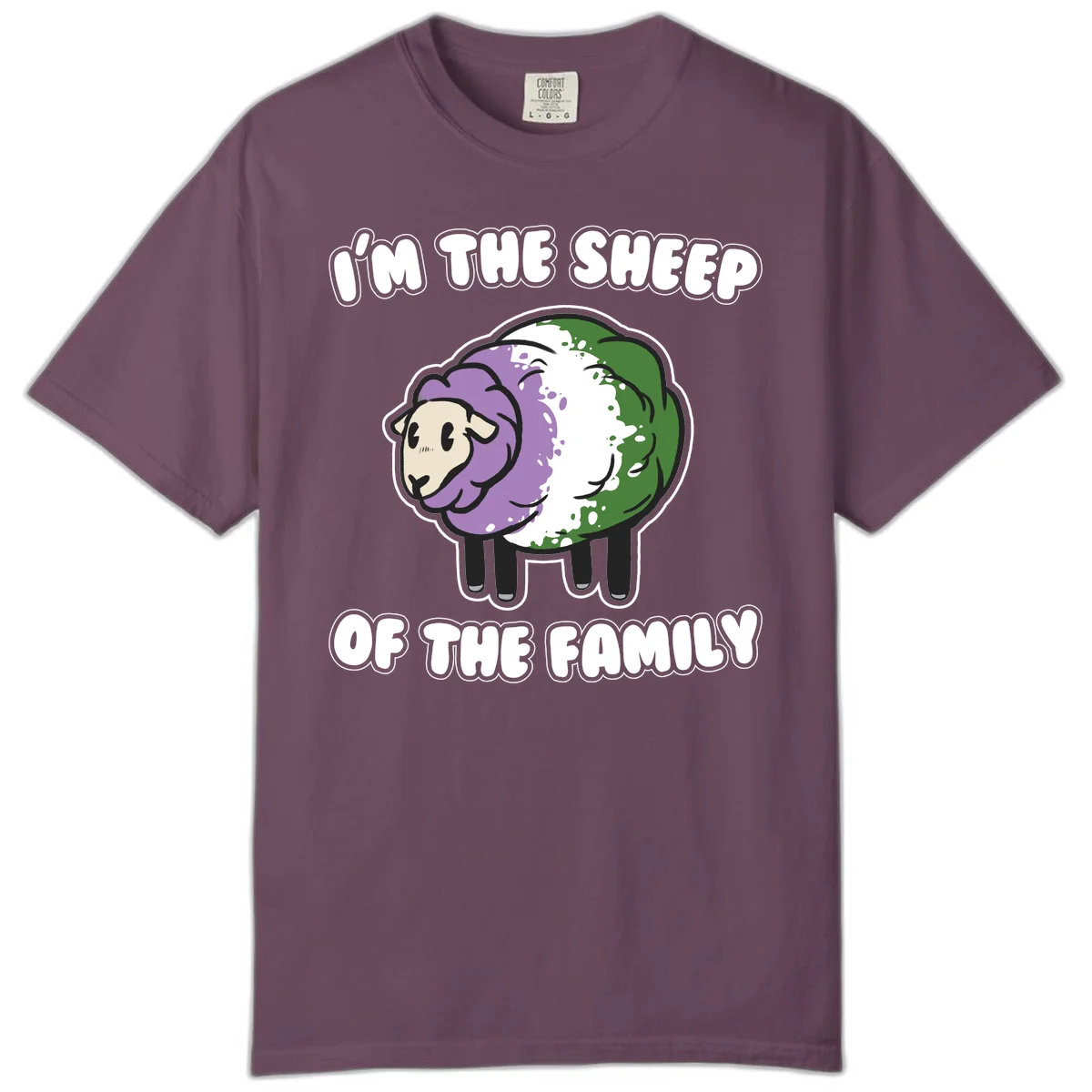 Cartoon sheep with purple, white, and green wool displaying 'I'm The Sheep Of The Family' text design in Berry