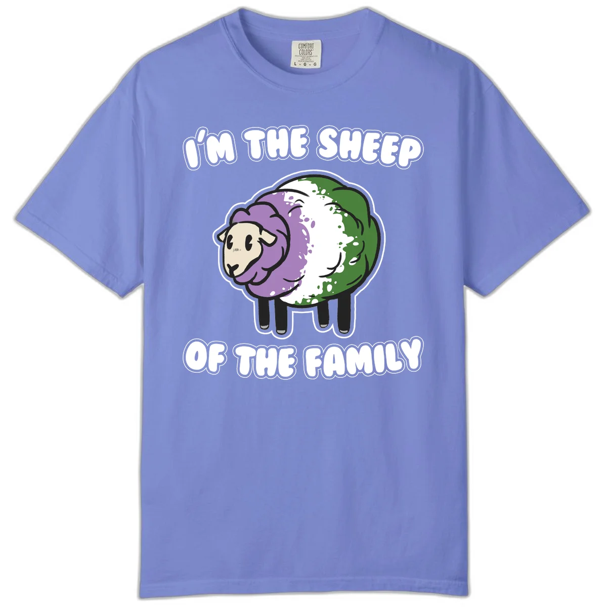 Cartoon sheep with purple, white, and green wool displaying 'I'm The Sheep Of The Family' text design in Flo Blue