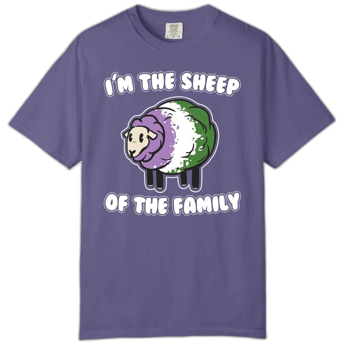 Cartoon sheep with purple, white, and green wool displaying 'I'm The Sheep Of The Family' text design in Grape