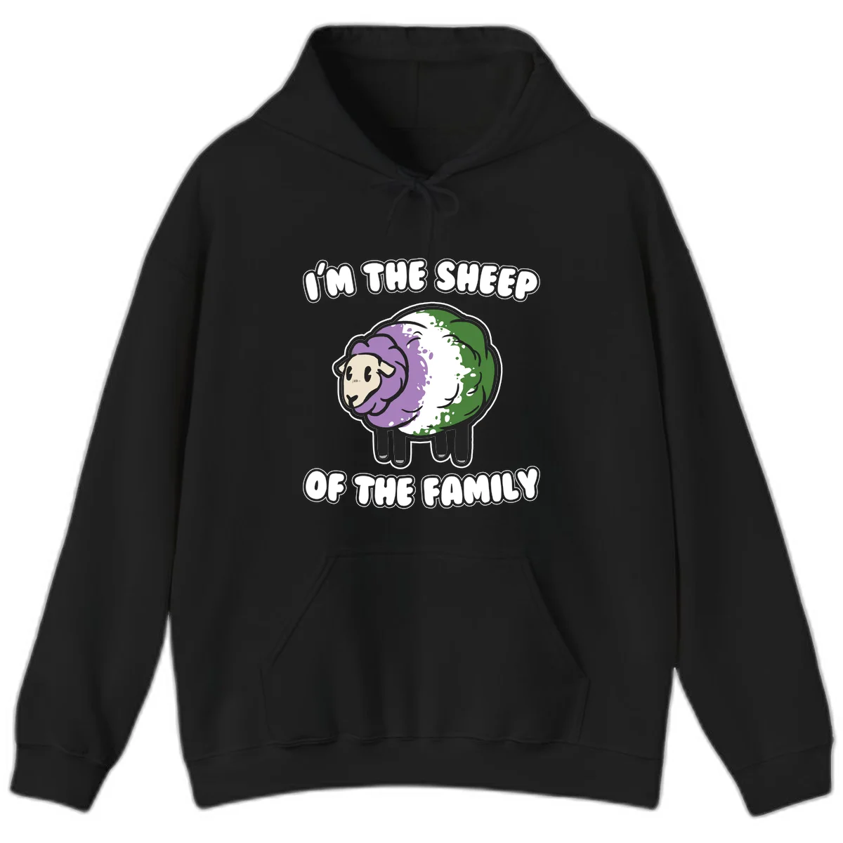 Cartoon sheep with purple, white, and green wool displaying 'I'm The Sheep Of The Family' text design in Black