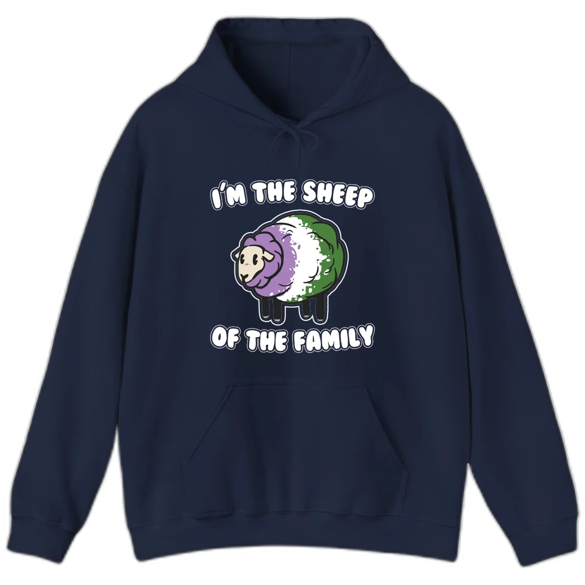 Cartoon sheep with purple, white, and green wool displaying 'I'm The Sheep Of The Family' text design in Navy