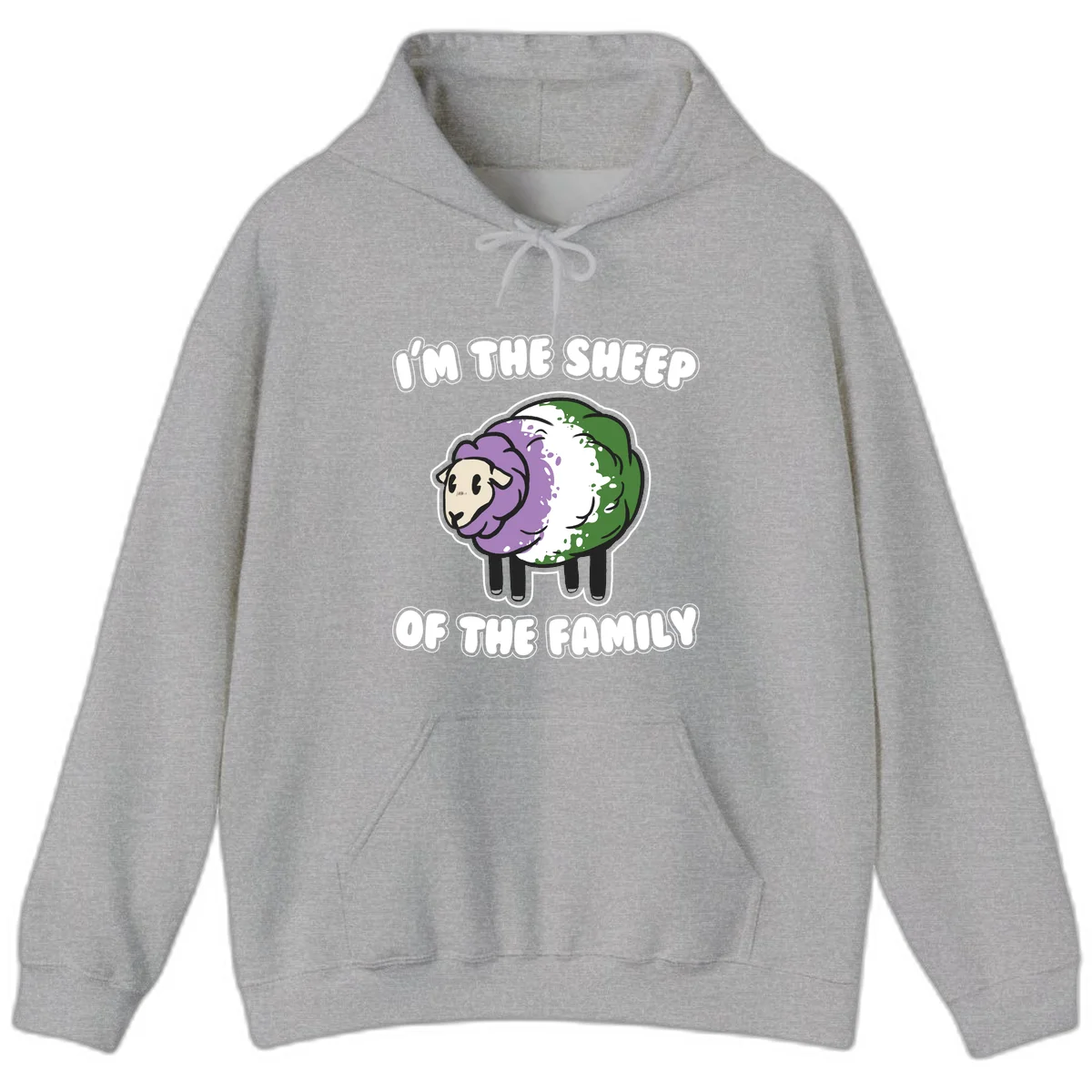 Cartoon sheep with purple, white, and green wool displaying 'I'm The Sheep Of The Family' text design in Sport Grey