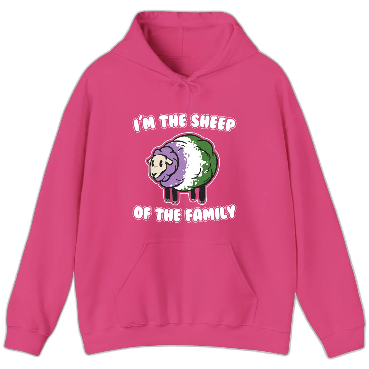 Cartoon sheep with purple, white, and green wool displaying 'I'm The Sheep Of The Family' text design in Heliconia