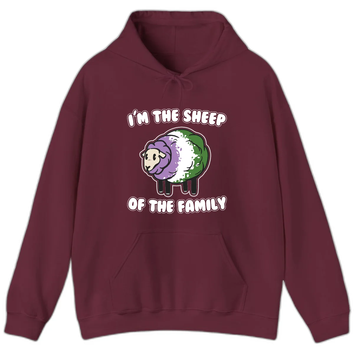 Cartoon sheep with purple, white, and green wool displaying 'I'm The Sheep Of The Family' text design in Maroon