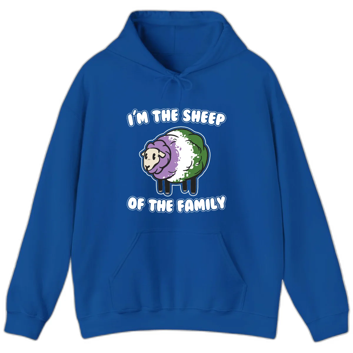 Cartoon sheep with purple, white, and green wool displaying 'I'm The Sheep Of The Family' text design in Royal