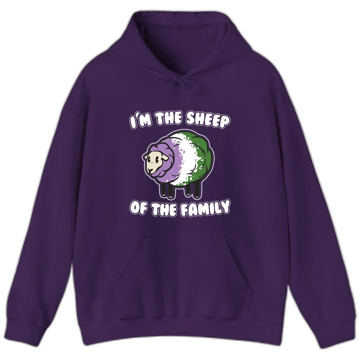 Cartoon sheep with purple, white, and green wool displaying 'I'm The Sheep Of The Family' text design in Purple