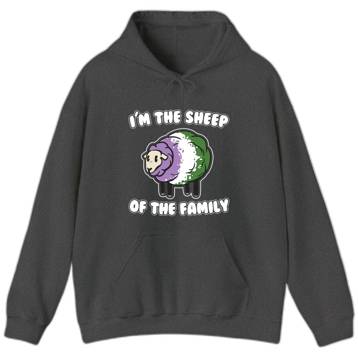 Cartoon sheep with purple, white, and green wool displaying 'I'm The Sheep Of The Family' text design in Dark Heather