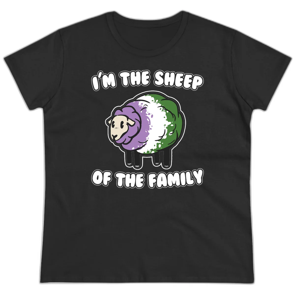 Cartoon sheep with purple, white, and green wool displaying 'I'm The Sheep Of The Family' text design in Black