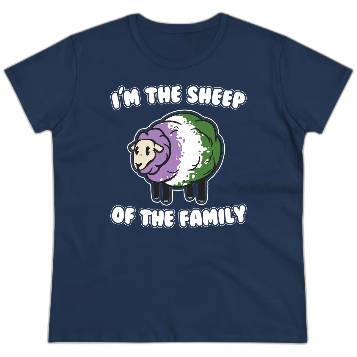 Cartoon sheep with purple, white, and green wool displaying 'I'm The Sheep Of The Family' text design in Navy